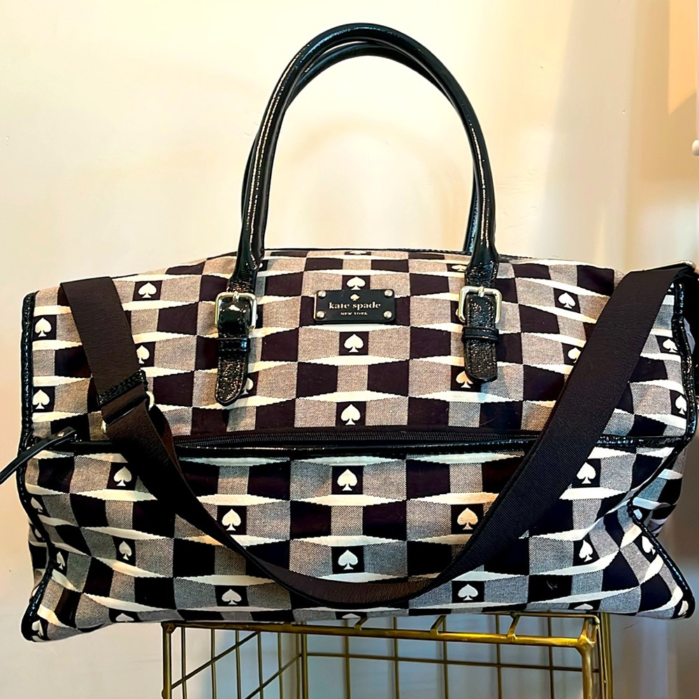 Kate Spade Black and White Checkered Travel Bag with storybook lining